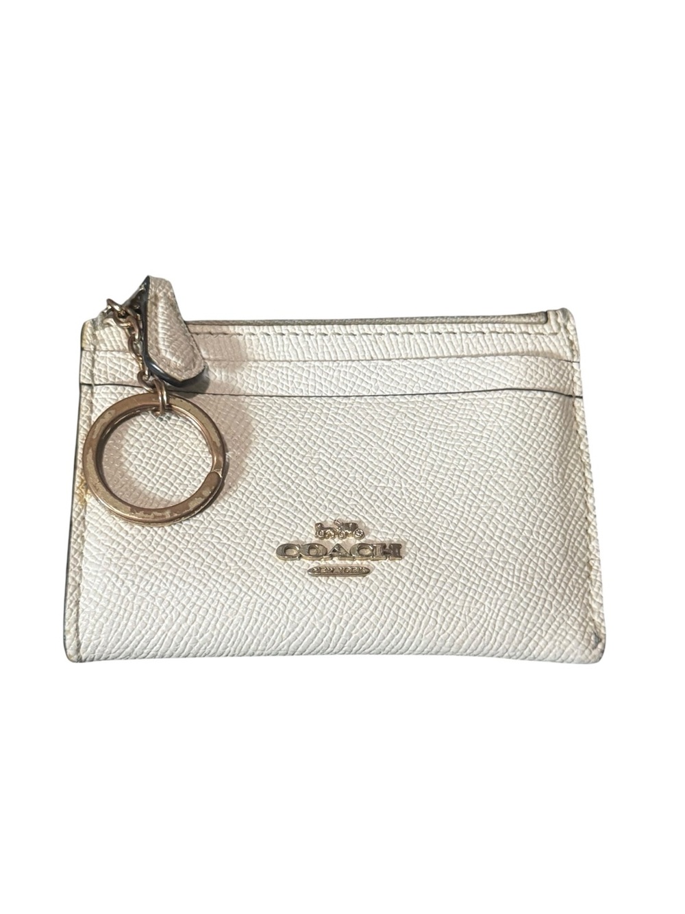 Coach Metallic Ivory Leather Card Case with Key Ring